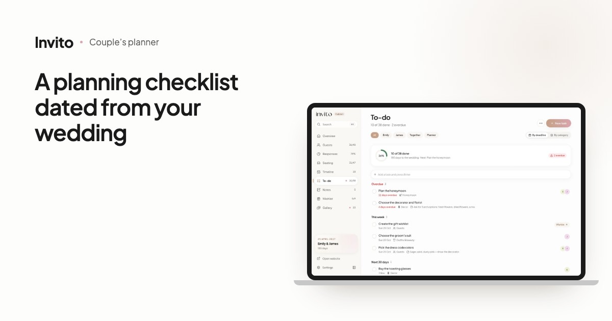 A wedding planning checklist in the couple’s app: tasks with deadlines and progress