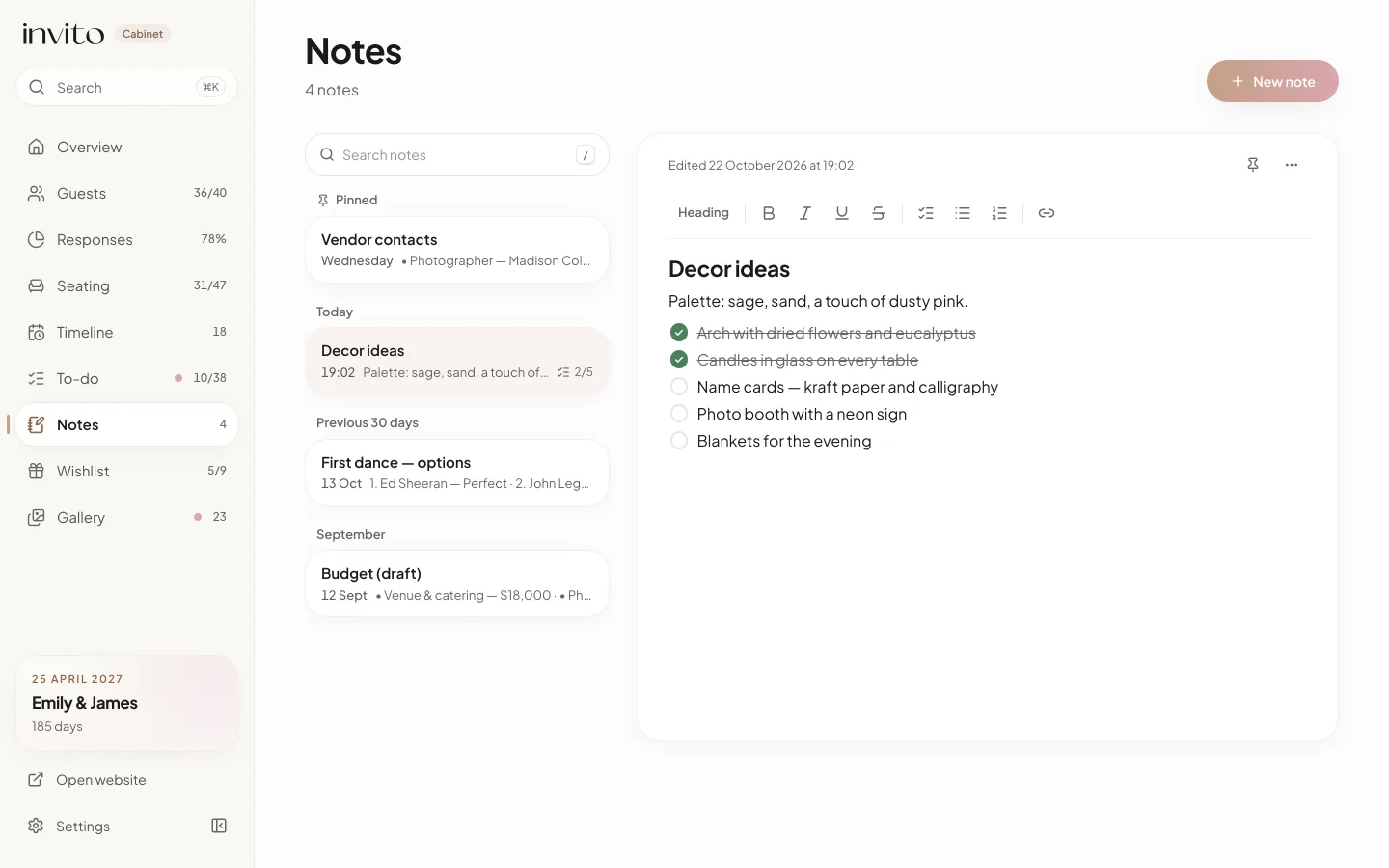 The Notes section on a computer: the pinned note ‘Vendor contacts’ and the open note ‘Decor ideas’ with a checklist