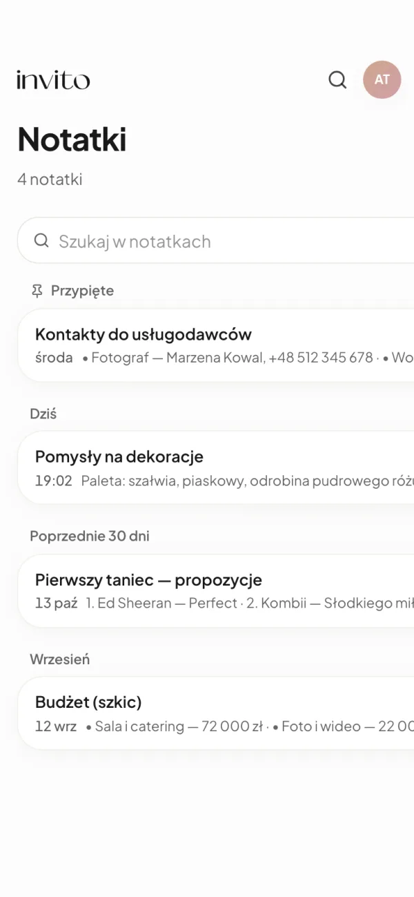Lista notatek na telefonie z sekcjami „Przypięte”, „Dziś” i „Poprzednie 7 dni”