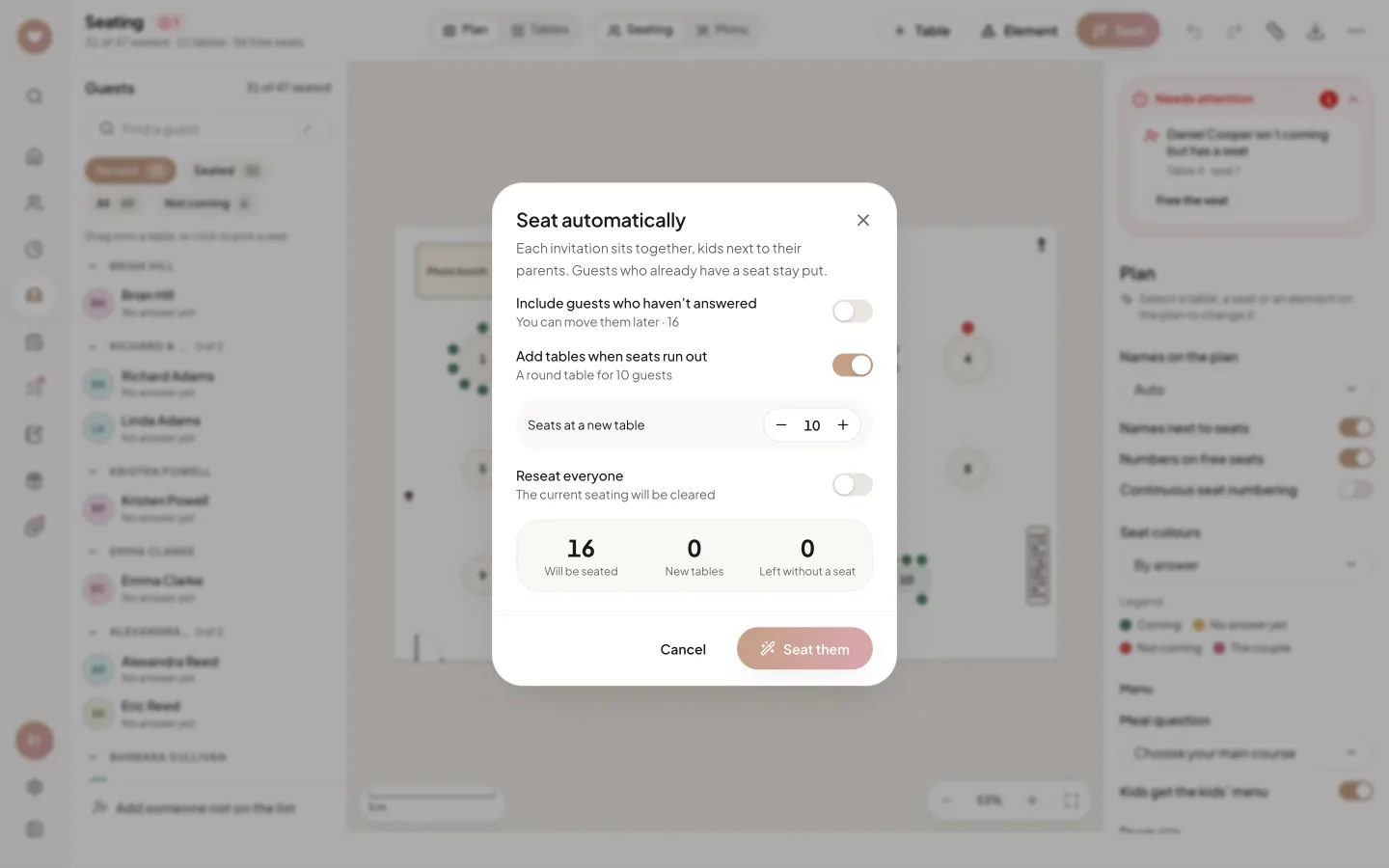 The Seat automatically dialog with options and a preview: how many guests will be seated, how many new tables and how many will be left without a seat