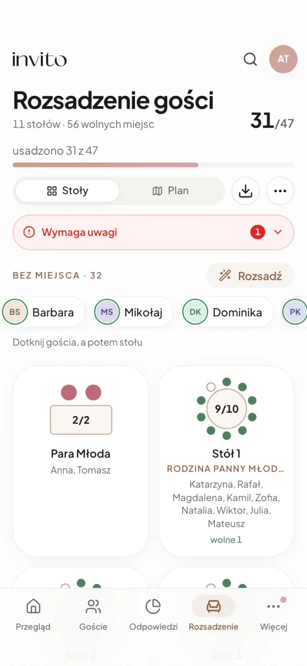 Rozsadzenie na telefonie: podsumowanie, goście bez miejsca i karty stołów z imionami