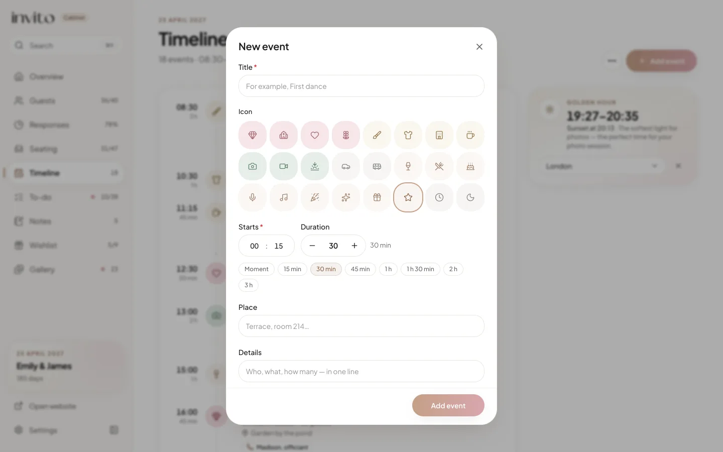 The ‘New event’ dialog: title field, icon grid, start time, duration and quick duration buttons