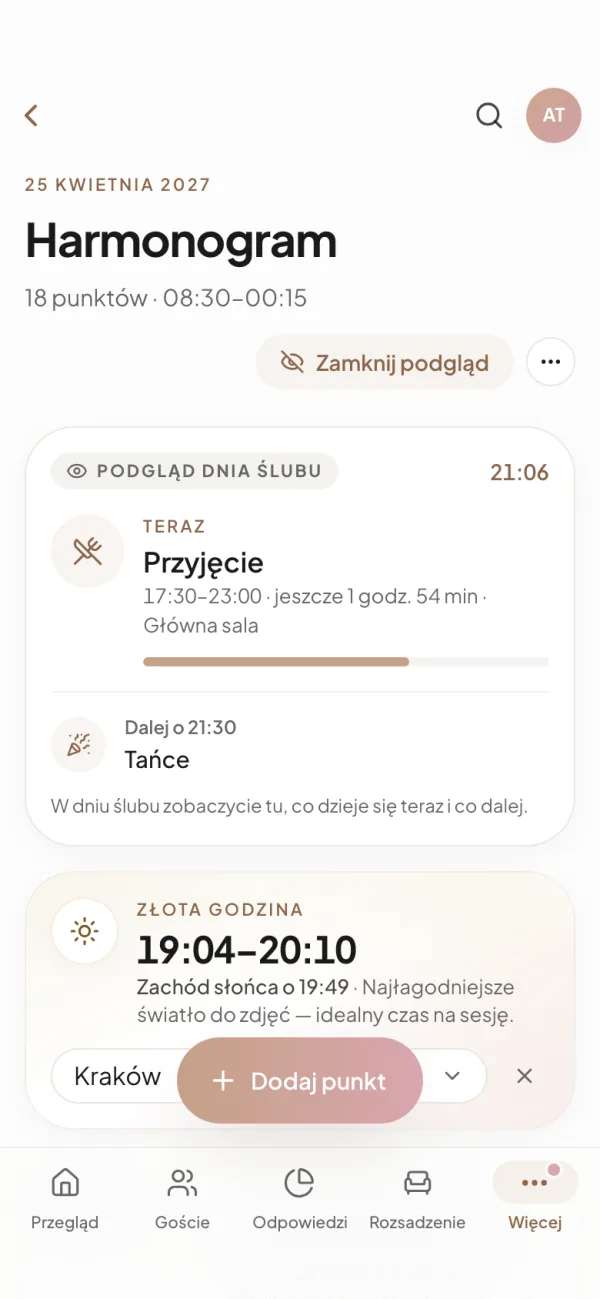 Podgląd dnia ślubu na telefonie: karta „Teraz” z bieżącym punktem, kolejny punkt i złota godzina