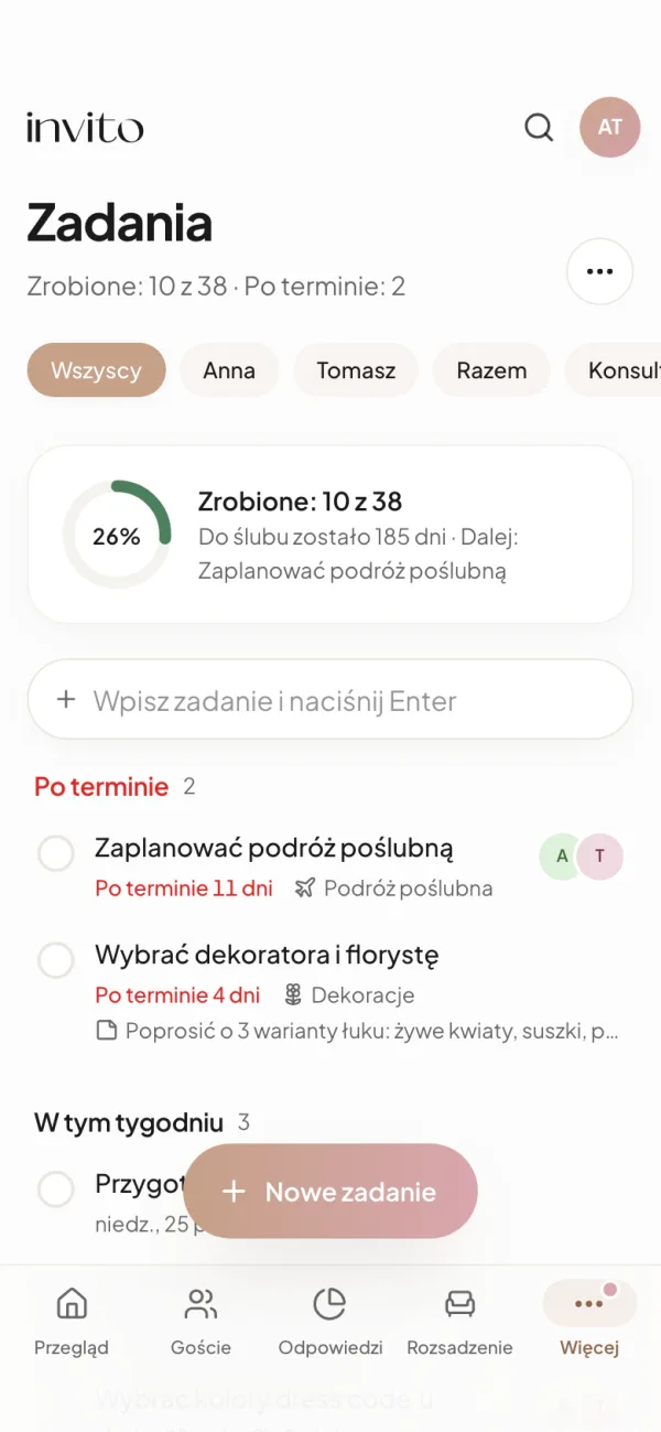 Zadania na telefonie: postęp, filtry według osoby i zaległe zadania na czerwono