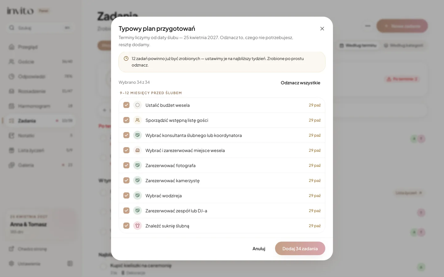 Okno „Typowy plan przygotowań”: zaznaczone zadania z datami i informacja o zadaniach, które powinny już być zrobione