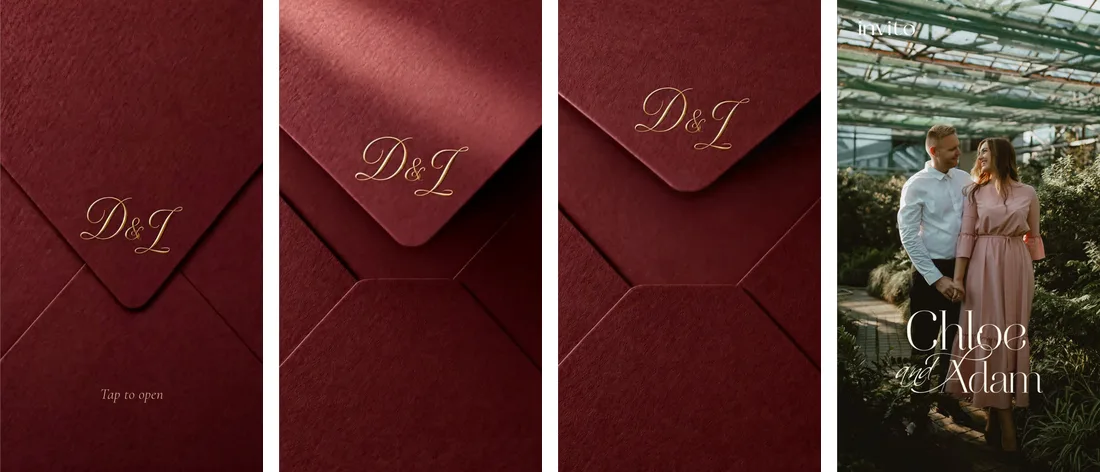 Four frames of the opening: the sealed envelope with «Tap to open», the flap lifting, the envelope open, the invitation
