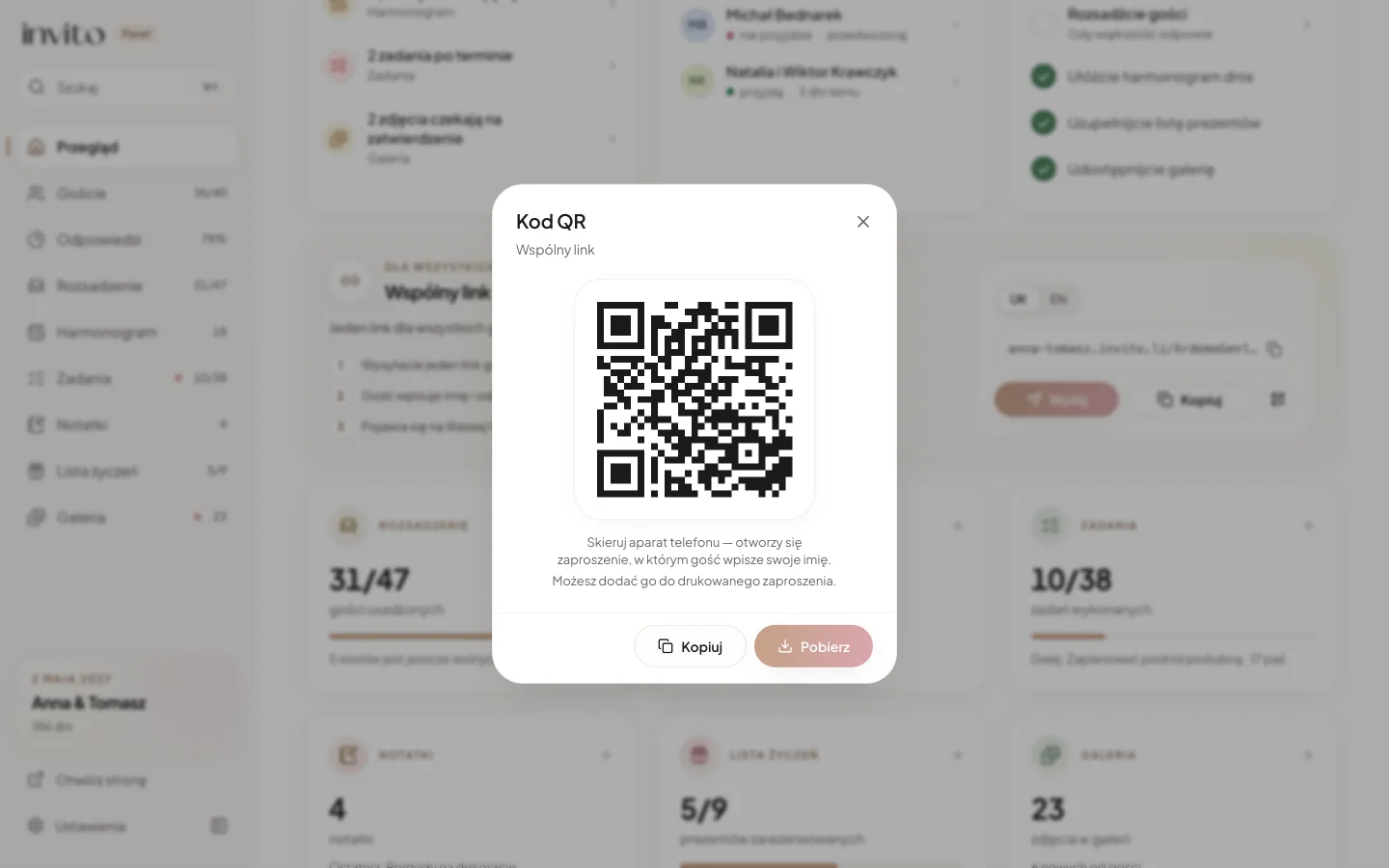 Okno z kodem QR wspólnego linku i podpowiedzią o drukowanym zaproszeniu