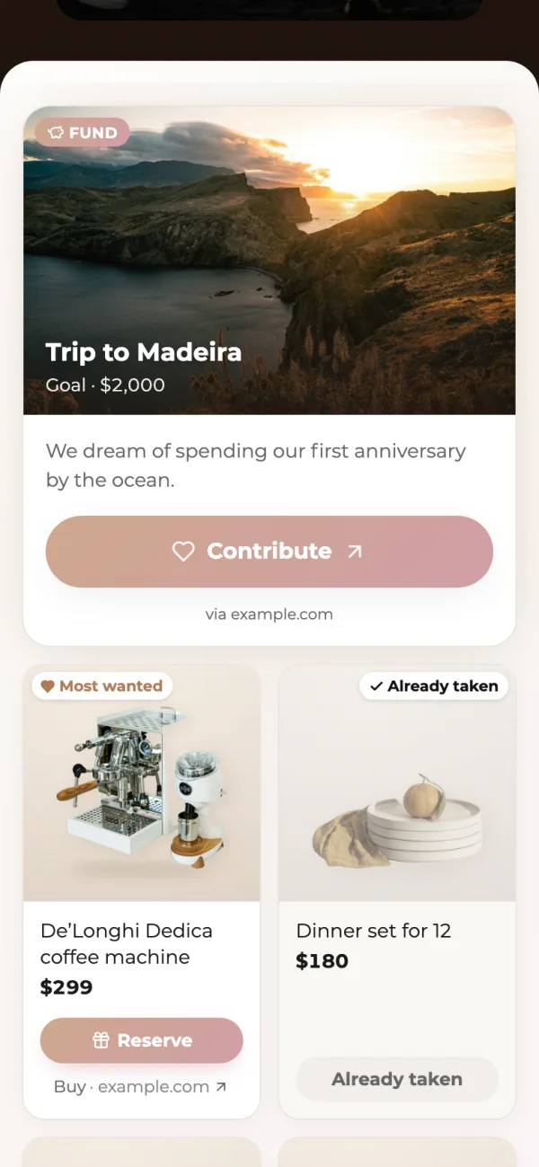 The gift list on a guest’s phone: a honeymoon fund card with a Contribute button, a coffee machine marked Most wanted and a dinner set marked Already taken