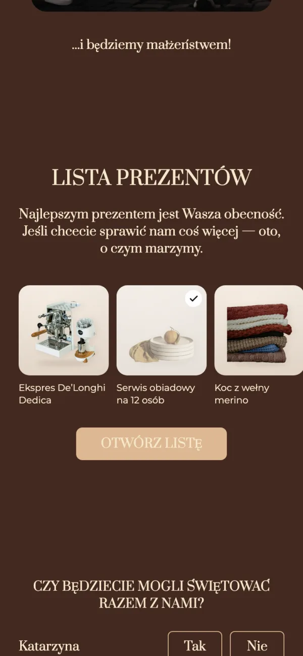 Blok z listą prezentów na stronie zaproszenia w telefonie gościa: tytuł, tekst, pasek kart prezentów i przycisk