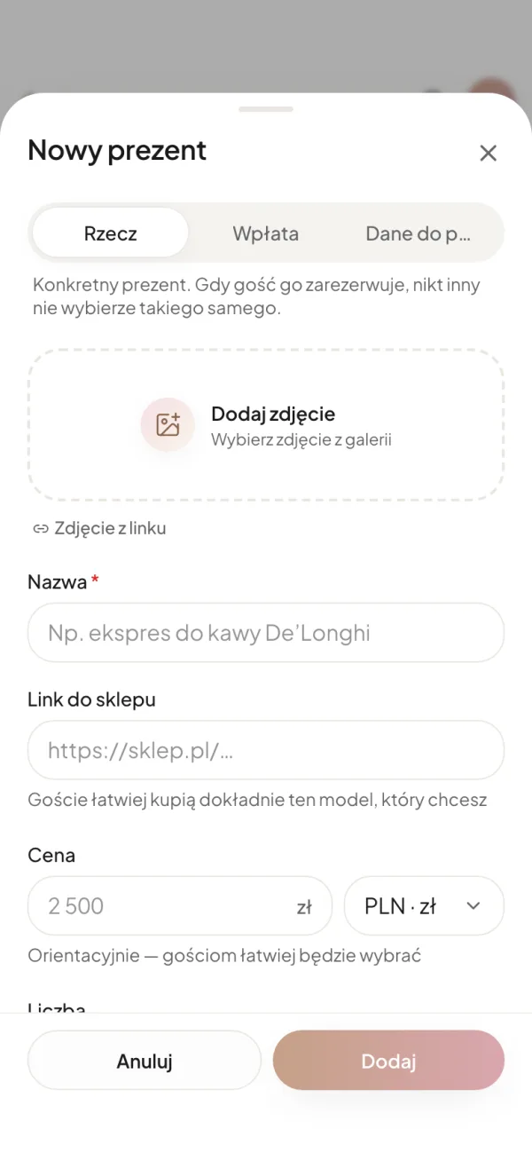 Edytor nowego prezentu na telefonie: zakładki „Rzecz”, „Wpłata”, „Dane do przelewu”, pole na zdjęcie, nazwa, link do sklepu i cena z walutą