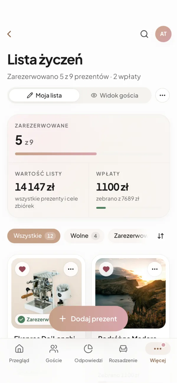 Lista życzeń w aplikacji dla pary na telefonie: podsumowanie rezerwacji i karty prezentów