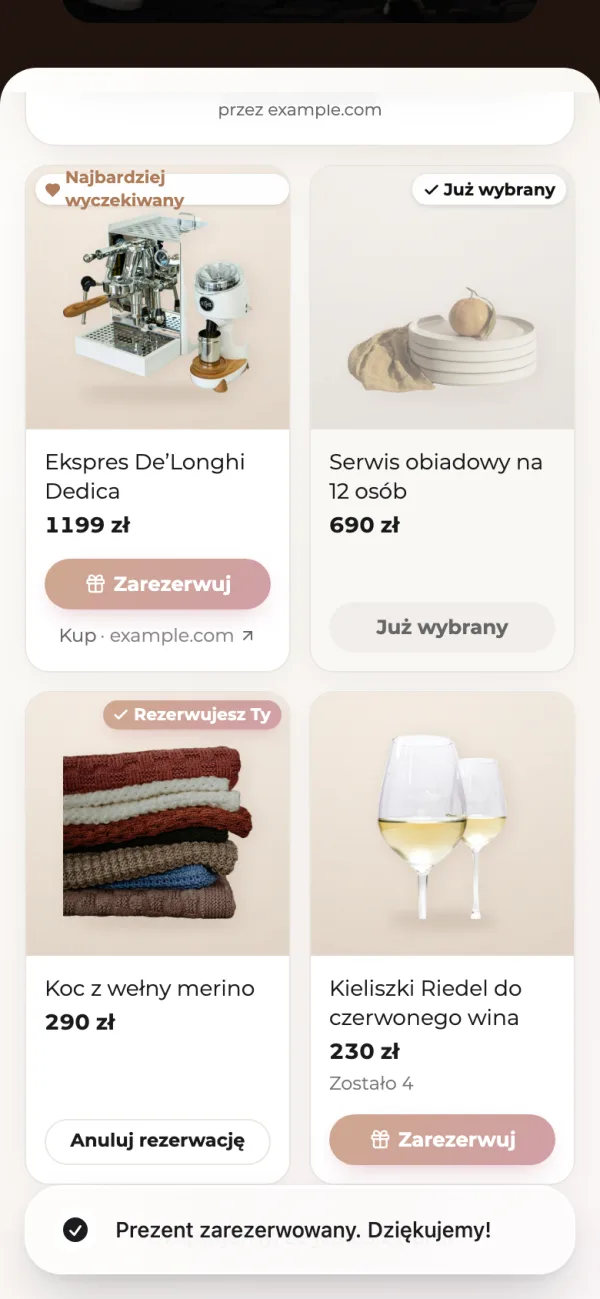 Lista w telefonie gościa po rezerwacji: przy kocu „Rezerwujesz Ty” i przycisk „Anuluj rezerwację”, serwis „Już wybrany”, przy kieliszkach „Zostało 4”