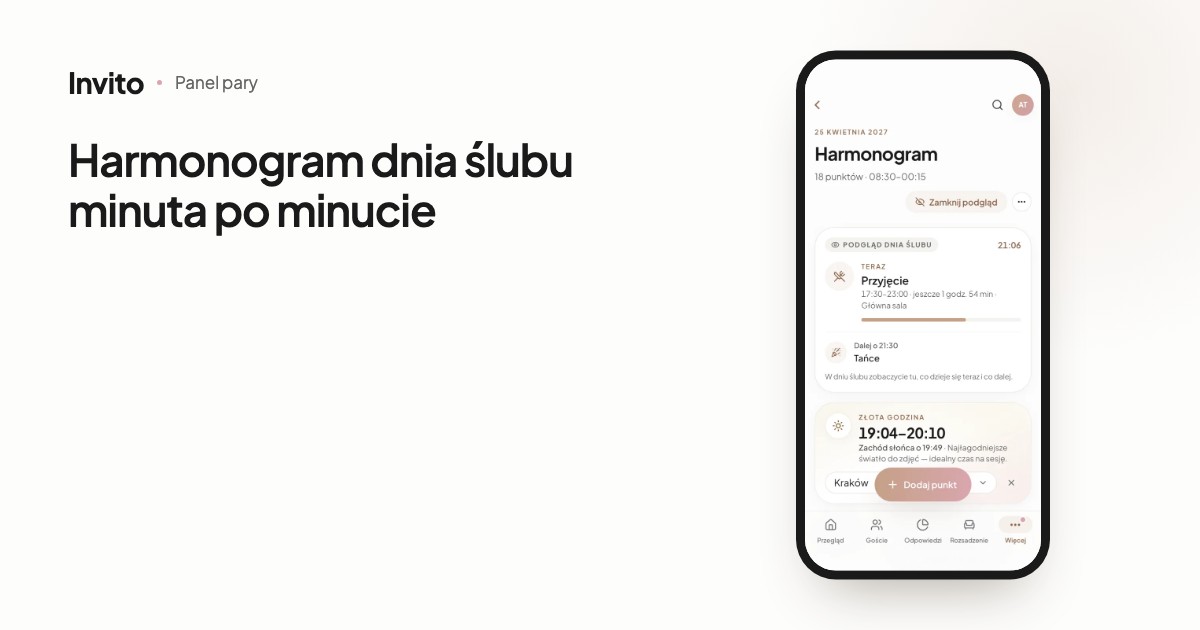 Harmonogram dnia ślubu w aplikacji dla pary INVITO z kartą złotej godziny