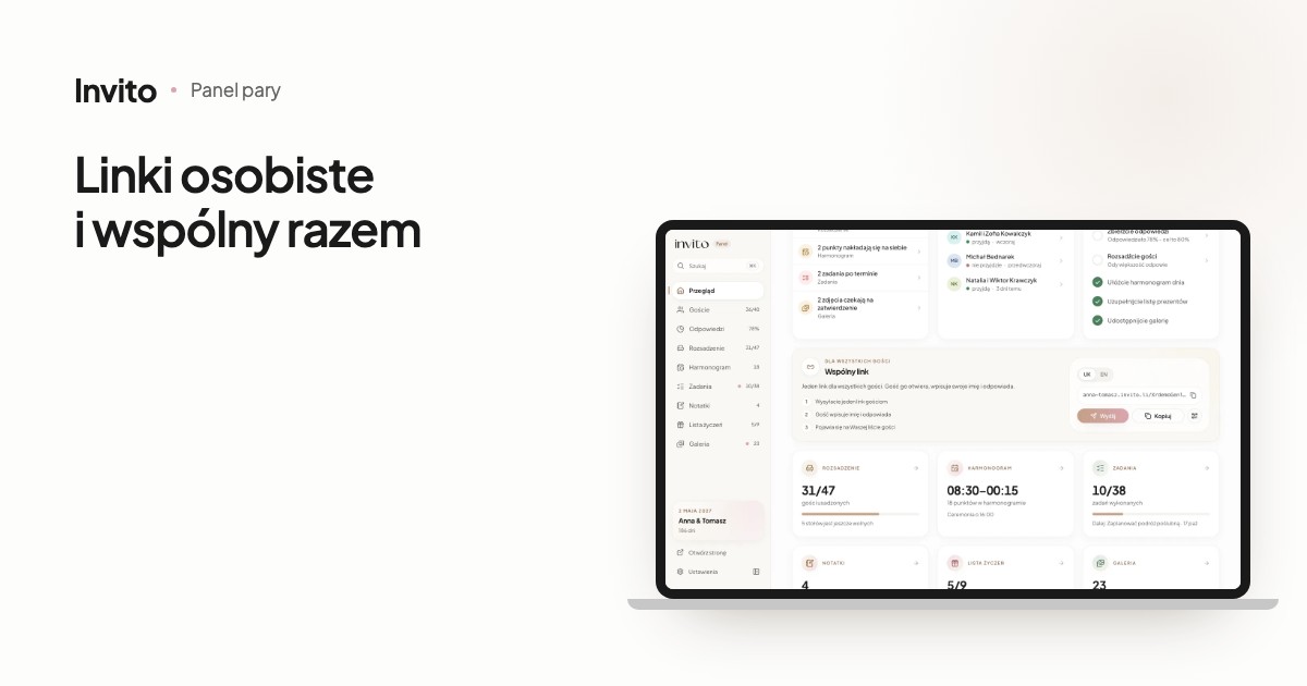 Karta „Wspólny link” w panelu pary z przyciskami „Wyślij”, „Kopiuj” i QR