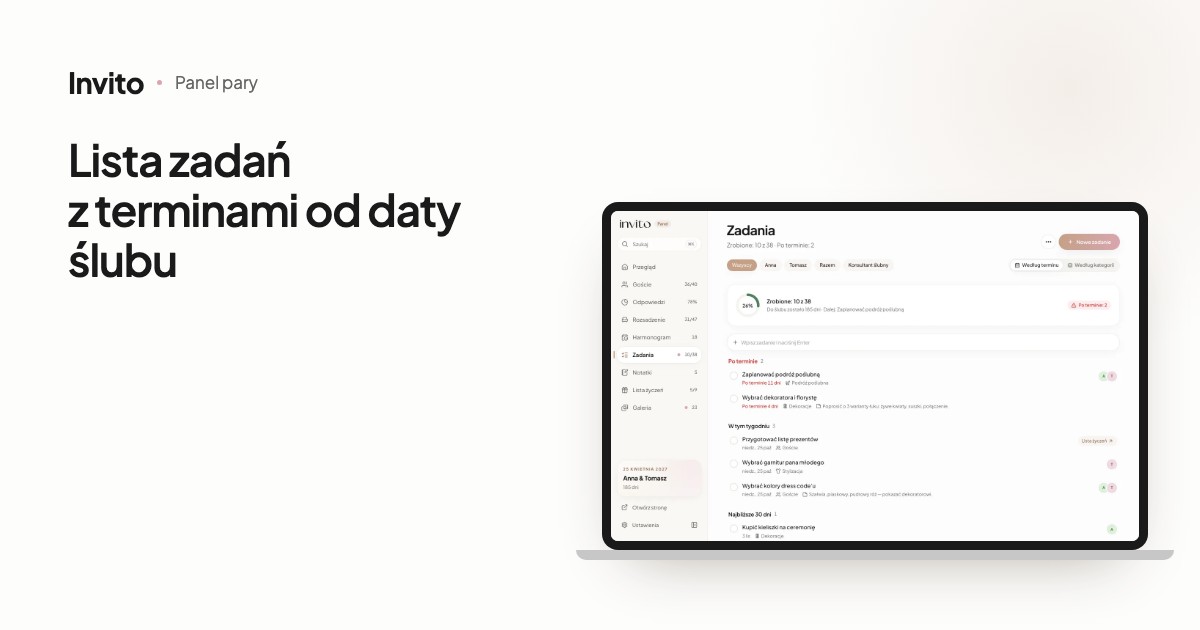 Lista zadań przed ślubem w aplikacji dla pary: zadania z terminami i postępem