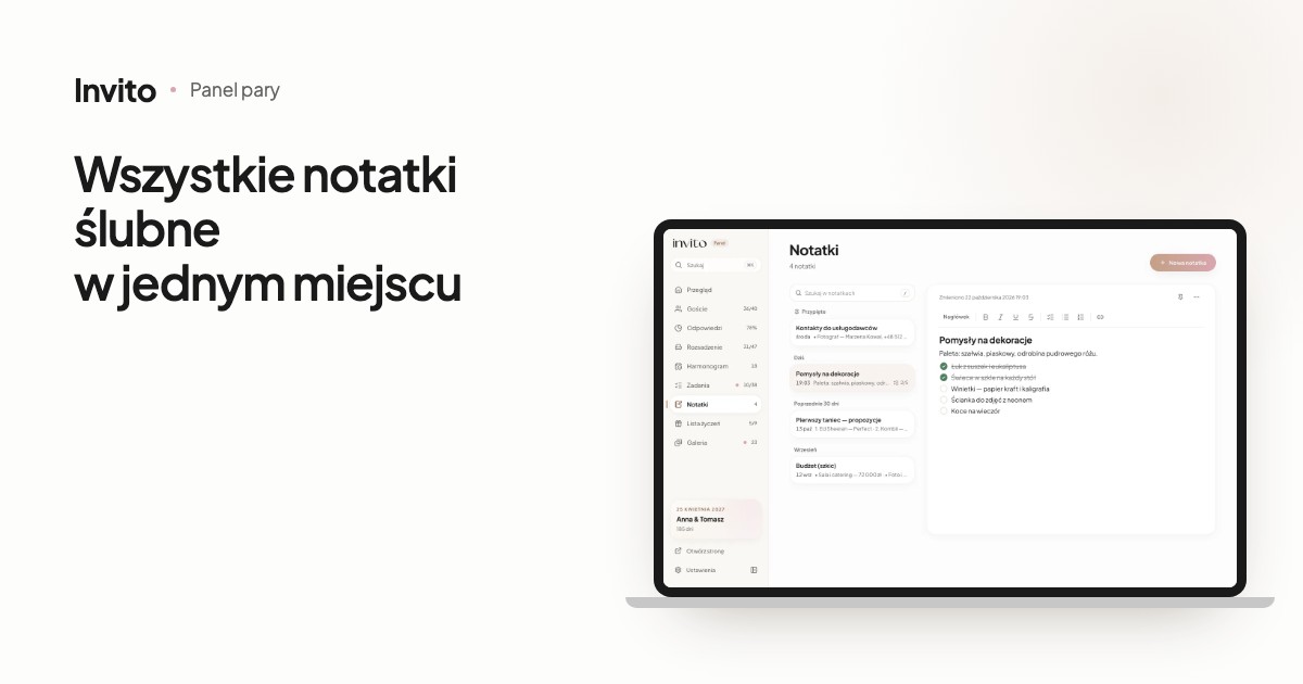 Sekcja „Notatki” w aplikacji dla pary: lista notatek i otwarta notatka z pomysłami na dekoracje