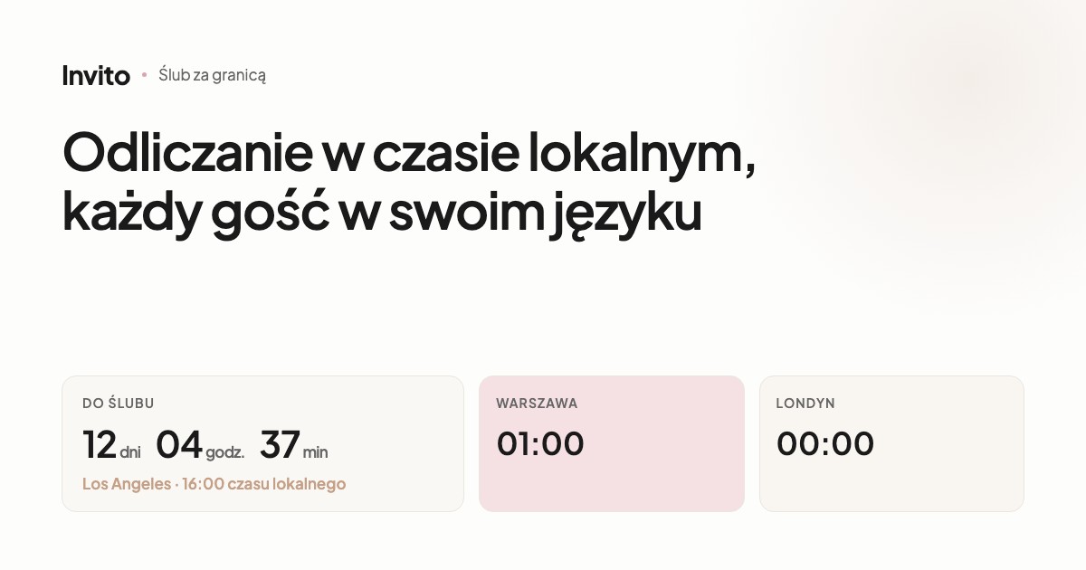 Zaproszenie ślubne z odliczaniem według czasu lokalnego i wersjami w kilku językach